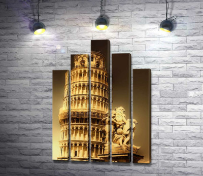 Пизанская башня (Pisa tower) виднеется из-за фонтана Путти (Fontana dei Putti)