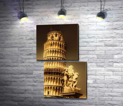 Пизанская башня (Pisa tower) виднеется из-за фонтана Путти (Fontana dei Putti)