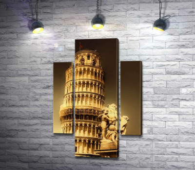 Модульная картина "Пизанская башня (Pisa tower) виднеется из-за фонтана Путти (Fontana dei Putti)"