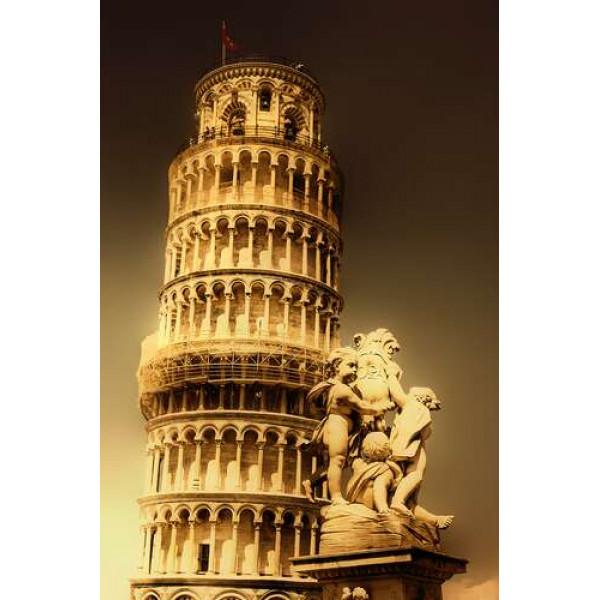 Пізанська вежа (Pisa tower) видніється через фонтан Путті (Fontana dei Putti)