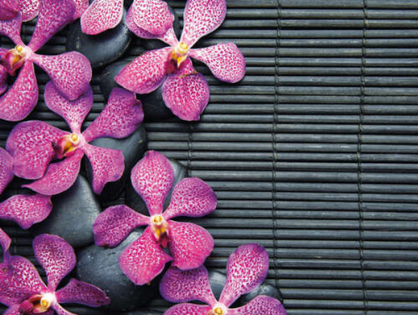 Візерунок строкатих орхідей та чорних каменів на бамбуковому килимку 