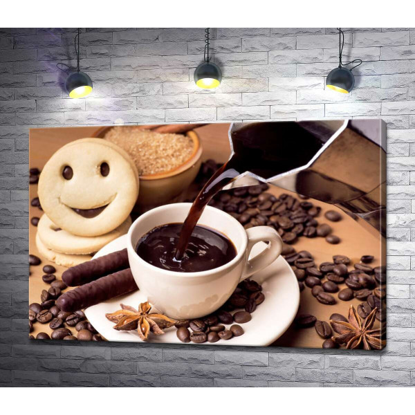 Густа кава із шоколадними паличками та печивом смайликами