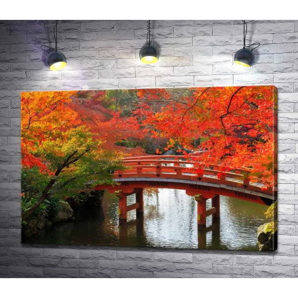 Вогняні переливи осіннього листя над червоним мостом в парку Кіото