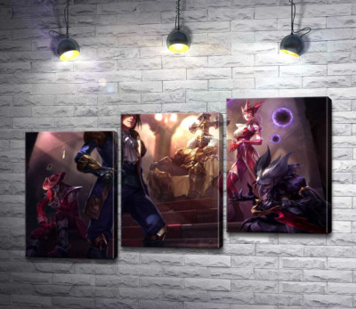 Герои видеоигры League of legends: шут Шако (Shacko), ведьма Синдра (Syndra), исследователь Эзреаль (Ezreal), железный призрак Мордекайзер (Mordekaiser), мастер карт Твистед Фейт (Twisted Fate)