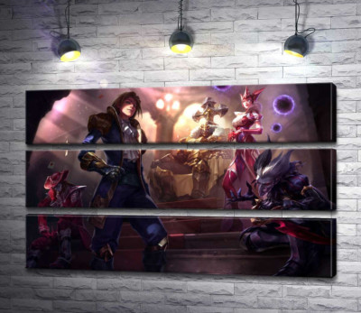 Модульная картина "Герои видеоигры League of legends: шут Шако (Shacko), ведьма Синдра (Syndra), исследователь Эзреаль (Ezreal), железный призрак Мордекайзер (Mordekaiser), мастер карт Твистед Фейт (Twisted Fate)"