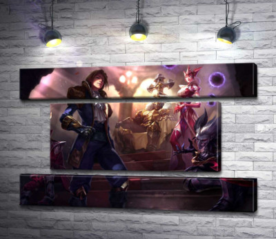 Модульна картина "Герої відеогри League of legends: блазень Шако (Shacko), відьма Сіндра (Syndra), дослідник Езреаль (Ezreal), залізний привид Мордекайзер (Mordekaiser), майстер карт Твістед Фейт (Twisted Fate)"