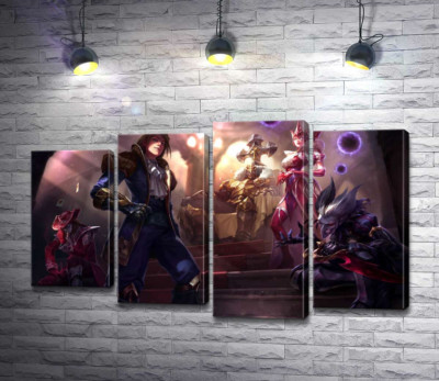 Герои видеоигры League of legends: шут Шако (Shacko), ведьма Синдра (Syndra), исследователь Эзреаль (Ezreal), железный призрак Мордекайзер (Mordekaiser), мастер карт Твистед Фейт (Twisted Fate)