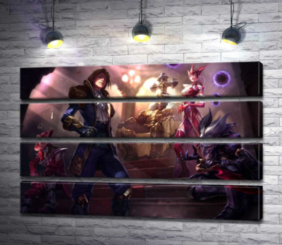 Модульна картина "Герої відеогри League of legends: блазень Шако (Shacko), відьма Сіндра (Syndra), дослідник Езреаль (Ezreal), залізний привид Мордекайзер (Mordekaiser), майстер карт Твістед Фейт (Twisted Fate)"
