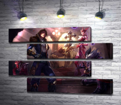 Модульная картина "Герои видеоигры League of legends: шут Шако (Shacko), ведьма Синдра (Syndra), исследователь Эзреаль (Ezreal), железный призрак Мордекайзер (Mordekaiser), мастер карт Твистед Фейт (Twisted Fate)"