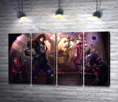 Модульная картина "Герои видеоигры League of legends: шут Шако (Shacko), ведьма Синдра (Syndra), исследователь Эзреаль (Ezreal), железный призрак Мордекайзер (Mordekaiser), мастер карт Твистед Фейт (Twisted Fate)"