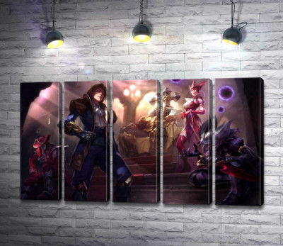 Герои видеоигры League of legends: шут Шако (Shacko), ведьма Синдра (Syndra), исследователь Эзреаль (Ezreal), железный призрак Мордекайзер (Mordekaiser), мастер карт Твистед Фейт (Twisted Fate)