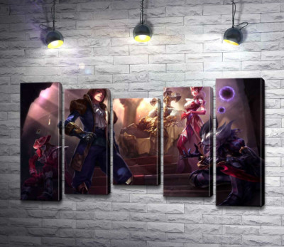 Модульная картина "Герои видеоигры League of legends: шут Шако (Shacko), ведьма Синдра (Syndra), исследователь Эзреаль (Ezreal), железный призрак Мордекайзер (Mordekaiser), мастер карт Твистед Фейт (Twisted Fate)"