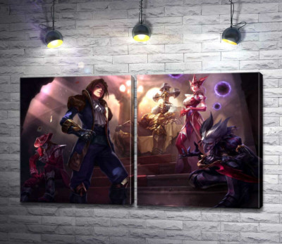 Модульна картина "Герої відеогри League of legends: блазень Шако (Shacko), відьма Сіндра (Syndra), дослідник Езреаль (Ezreal), залізний привид Мордекайзер (Mordekaiser), майстер карт Твістед Фейт (Twisted Fate)"
