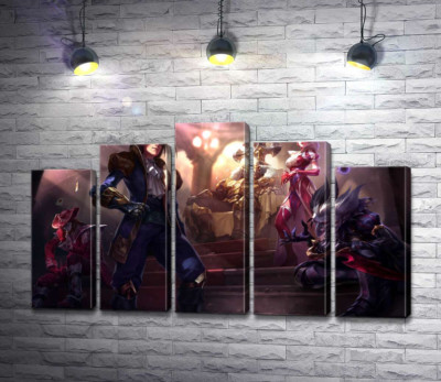 Модульна картина "Герої відеогри League of legends: блазень Шако (Shacko), відьма Сіндра (Syndra), дослідник Езреаль (Ezreal), залізний привид Мордекайзер (Mordekaiser), майстер карт Твістед Фейт (Twisted Fate)"