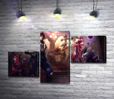 Модульная картина "Герои видеоигры League of legends: шут Шако (Shacko), ведьма Синдра (Syndra), исследователь Эзреаль (Ezreal), железный призрак Мордекайзер (Mordekaiser), мастер карт Твистед Фейт (Twisted Fate)"