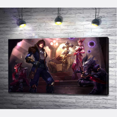 Герои видеоигры League of legends: шут Шако (Shacko), ведьма Синдра (Syndra), исследователь Эзреаль (Ezreal), железный призрак Мордекайзер (Mordekaiser), мастер карт Твистед Фейт (Twisted Fate)