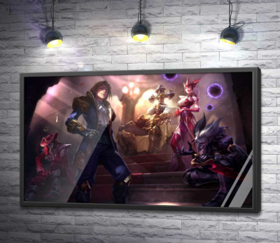 Постер "Герои видеоигры League of legends: шут Шако (Shacko), ведьма Синдра (Syndra), исследователь Эзреаль (Ezreal), железный призрак Мордекайзер (Mordekaiser), мастер карт Твистед Фейт (Twisted Fate)"