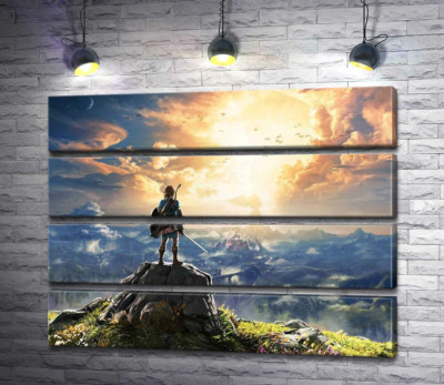 Модульна картина "Герой гри "The Legend of Zelda", Лінк, дивиться на вибух"