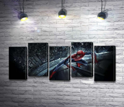 Модульная картина "Человек-паук (Spider-Man) на стеклянном небоскребе"