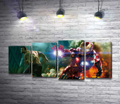 Модульная картина "Непобедимые Халк (Hulk) и Железный человек (Iron Man) в фильме "Мстители" (The Avengers)"