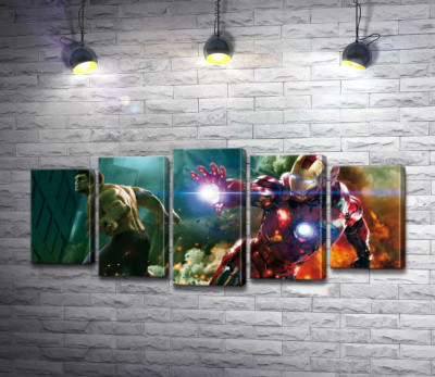 Модульная картина "Непобедимые Халк (Hulk) и Железный человек (Iron Man) в фильме "Мстители" (The Avengers)"