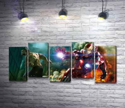 Модульная картина "Непобедимые Халк (Hulk) и Железный человек (Iron Man) в фильме "Мстители" (The Avengers)"