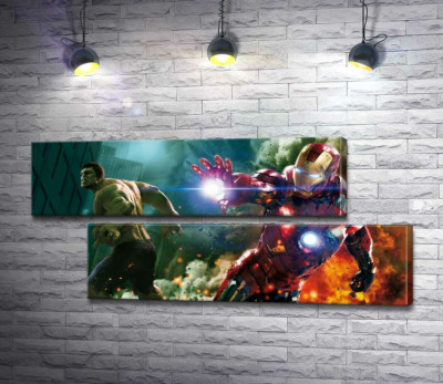 Модульная картина "Непобедимые Халк (Hulk) и Железный человек (Iron Man) в фильме "Мстители" (The Avengers)"