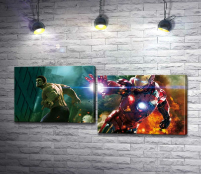 Модульная картина "Непобедимые Халк (Hulk) и Железный человек (Iron Man) в фильме "Мстители" (The Avengers)"