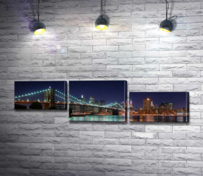 Модульна картина "Гірлянди ліхтарів Бруклінського мосту (Brooklyn Bridge) відбиваються у водах протоки Іст-рівер (East River)"
