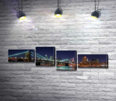 Модульная картина "Гирлянды фонарей Бруклинского моста (Brooklyn Bridge) отражаются в водах пролива Ист-ривер (East River)"