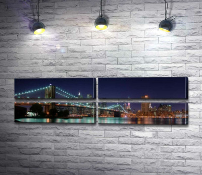 Модульная картина "Гирлянды фонарей Бруклинского моста (Brooklyn Bridge) отражаются в водах пролива Ист-ривер (East River)"