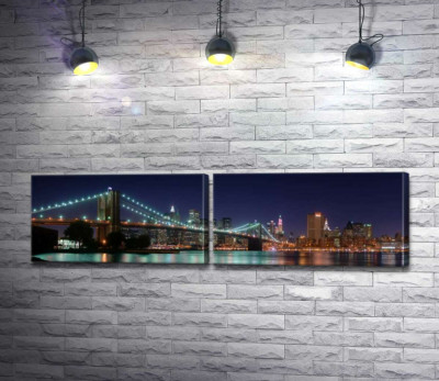 Гірлянди ліхтарів Бруклінського мосту (Brooklyn Bridge) відбиваються у водах протоки Іст-рівер (East River)
