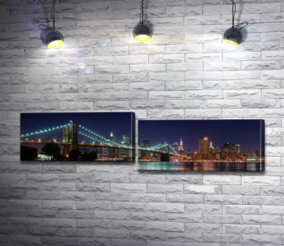 Модульная картина "Гирлянды фонарей Бруклинского моста (Brooklyn Bridge) отражаются в водах пролива Ист-ривер (East River)"