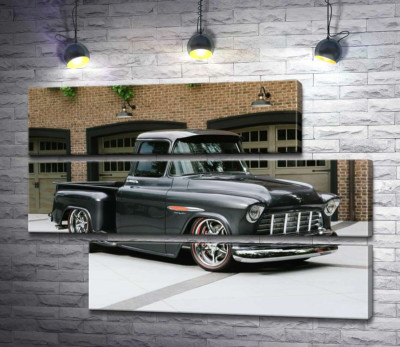 Модульная картина "Черный автомобиль Chevrolet Pickup 1955 перед въездами в гаражи"
