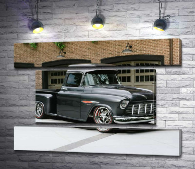 Модульная картина "Черный автомобиль Chevrolet Pickup 1955 перед въездами в гаражи"