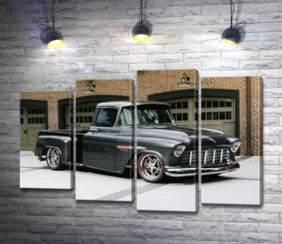 Модульная картина "Черный автомобиль Chevrolet Pickup 1955 перед въездами в гаражи"