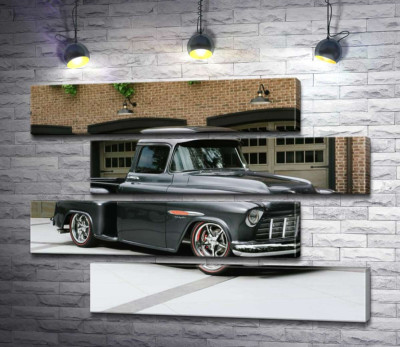 Модульна картина "Чорний автомобіль Chevrolet Pickup 1955 перед в'їздами у гаражі"