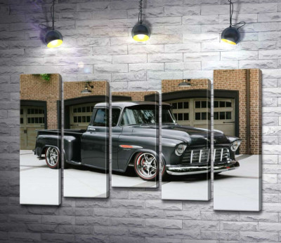 Модульна картина "Чорний автомобіль Chevrolet Pickup 1955 перед в'їздами у гаражі"