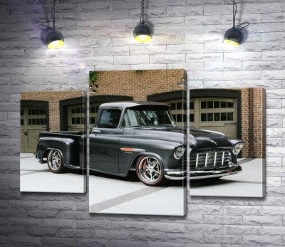 Модульная картина "Черный автомобиль Chevrolet Pickup 1955 перед въездами в гаражи"