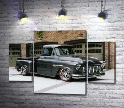 Модульная картина "Черный автомобиль Chevrolet Pickup 1955 перед въездами в гаражи"