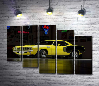 Модульна картина "Жовтий спортивний автомобіль Plymouth Barracuda, родом із 70-х"