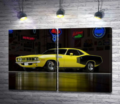 Модульна картина "Жовтий спортивний автомобіль Plymouth Barracuda, родом із 70-х"