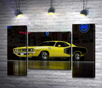 Модульна картина "Жовтий спортивний автомобіль Plymouth Barracuda, родом із 70-х"