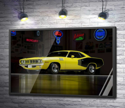 Постер "Желтый спортивный автомобиль Plymouth Barracuda, родом из 70-х"
