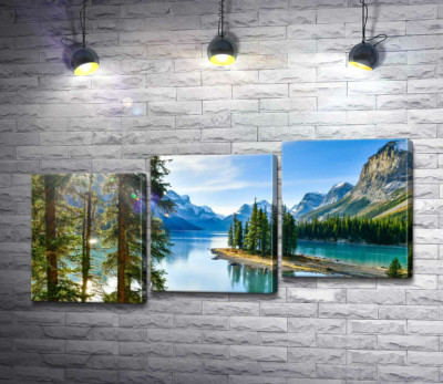 Живописный вид на остров Спирит (Spirit island) среди голубого озера Малинье (Maligne lake)