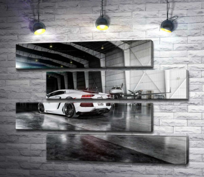 Модульная картина "Плавные изгибы сторон в белом автомобиле Ламборгини (Lamborghini Aventador)"
