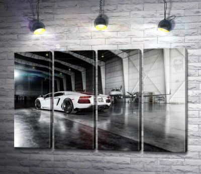Модульная картина "Плавные изгибы сторон в белом автомобиле Ламборгини (Lamborghini Aventador)"