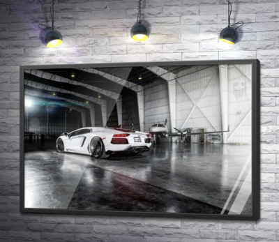 Постер "Плавні вигини сторін в  білому автомобілі Ламборгіні (Lamborghini Aventador)"