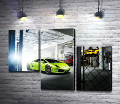 Модульная картина "Яркий зеленый Ламборгини (Lamborghini Gallardo) стоит в тени гаража"