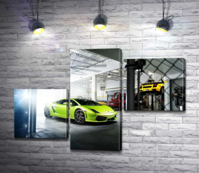 Модульная картина "Яркий зеленый Ламборгини (Lamborghini Gallardo) стоит в тени гаража"